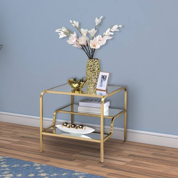 Metal Framed Mirror End Table with Tiered Shelves, Gold and Clear Bed