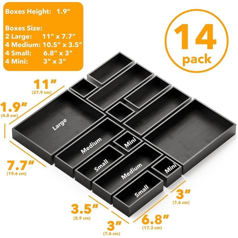 14-Piece Bamboo Drawer Organizer Storage Boxes Set, Wood Tray Junk Drawer Organizers Multi-Use Divider Bins