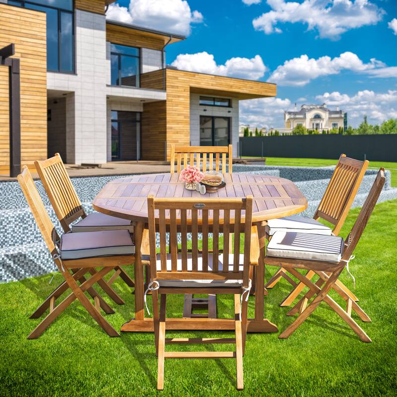Chic Teak 7 Piece Teak Wood Santa Barbara Patio Dining Set with Round to Oval Extension Table, 2 Arm Chairs and 4 Side Chairs