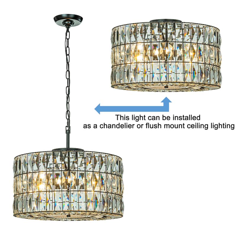 Modern Farmhouse Elegant Lantern Drum Crystal Chandelier in Matte Black for Dining Room