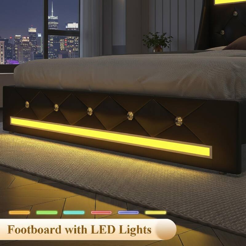 Full Bed Frame with LED Lights, Upholstered Bed Frame with Charging Station, Platform Bed with Diamond Headboard, Wooden Slats
