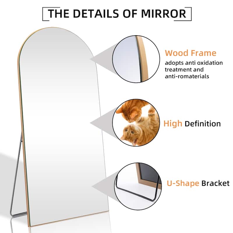 Arched Floor Mirror With Stand,Wood Frame Full Length Mirror,Wall-Mounted Mirror