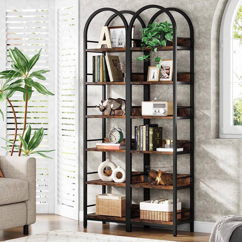 6-Tier Open Bookshelf, Tall Arched Bookcase Narrow Bookshelf - 2PCS - Rustic Brown