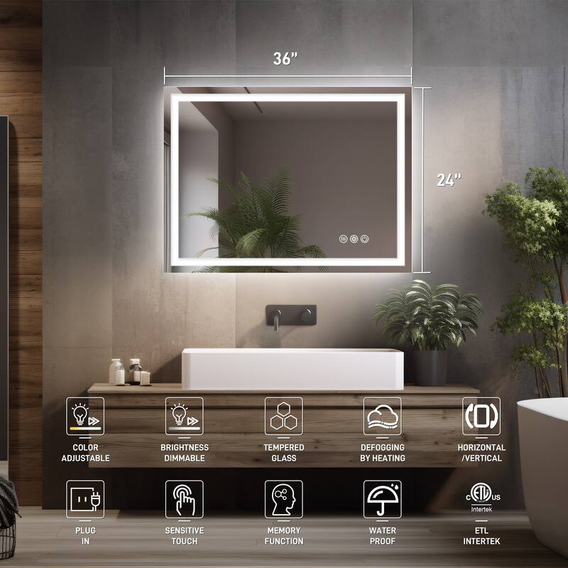 Durx-litecrete Rectangular Frameless Wall Mount 3 Colors Dimmable Anti-fog LED Bathroom Vanity Mirror