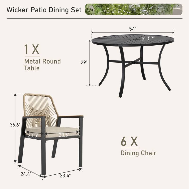 MAISON ARTS 5/7 Pieces Patio Dining Set, Round Table and Woven Rattan Dining Chairs with Cushions, for Patio, Backyard, Poolside