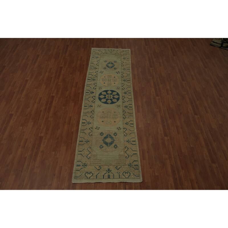 Hand Knotted Oriental 100% Wool Carpet Transitional Geometric Green Khotan Runner Rug - 11' 11'' X 3' 3''