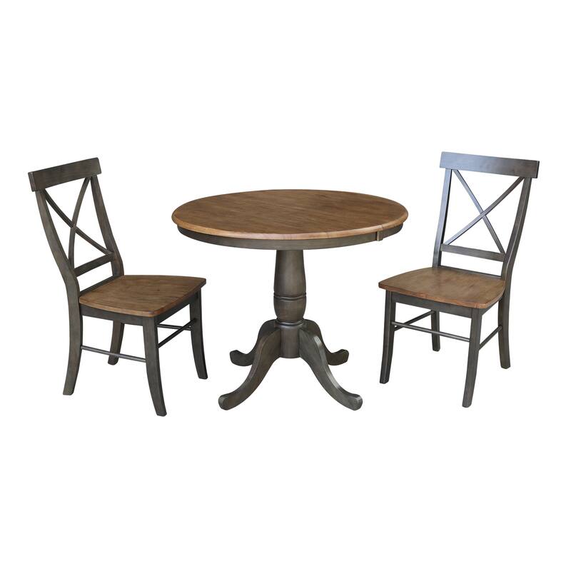 36" Round Extension Dining Table with 2 Chairs - Hickory/Washed Coal