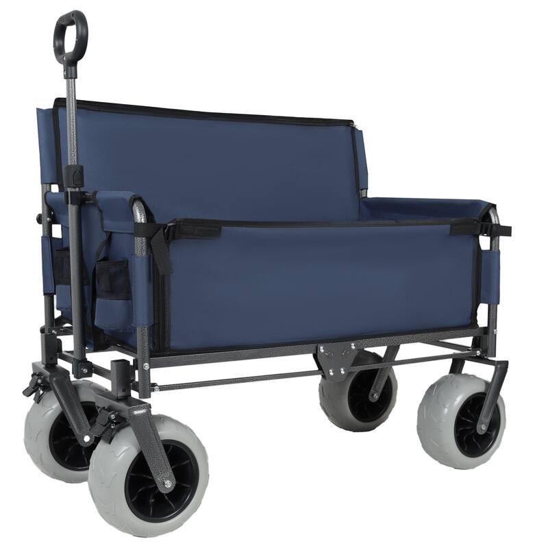 3-in-1 Folding Wagon with Bench Seat - 500lb Capacity with 9"x4" Beach Tires, Dark Blue
