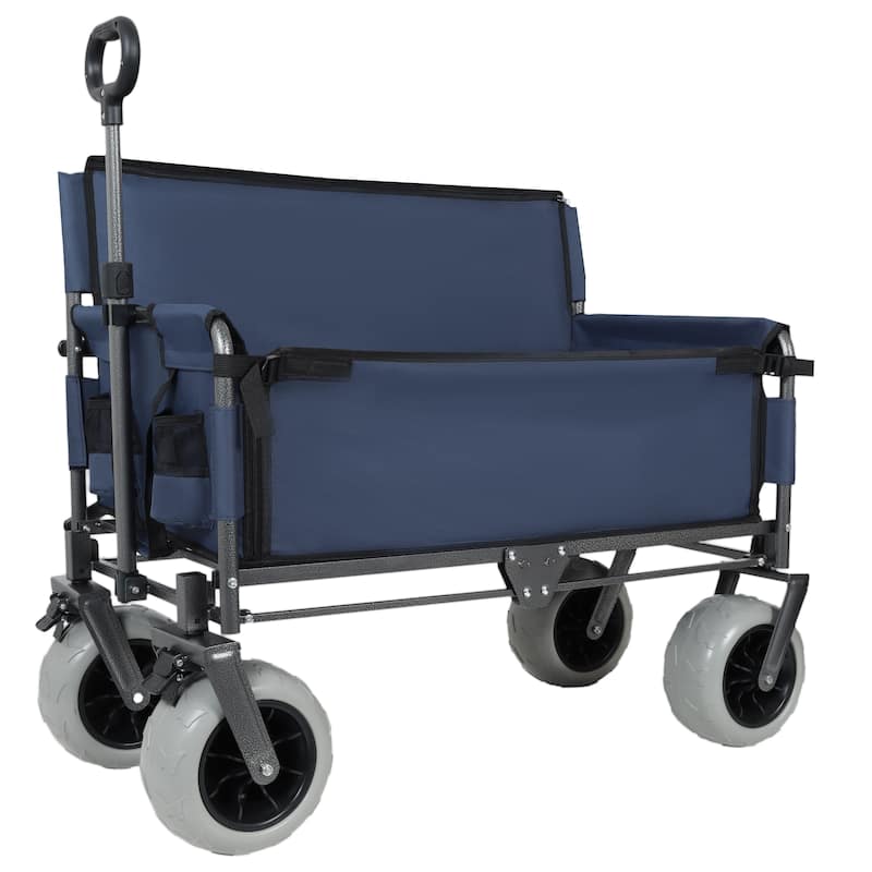 3-in-1 Folding Wagon with Bench Seat - 500lbs Capacity, 9"x4" Beach Tires for Camping & Beach - Blue