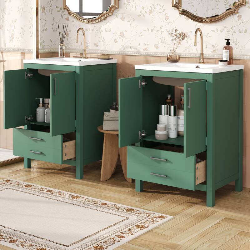 Roomfitters 48-Inch Green Bathroom Vanity with Ceramic Sink, Freestanding Cabinet with Soft-Close Drawers & Doors, Modern Design - Green