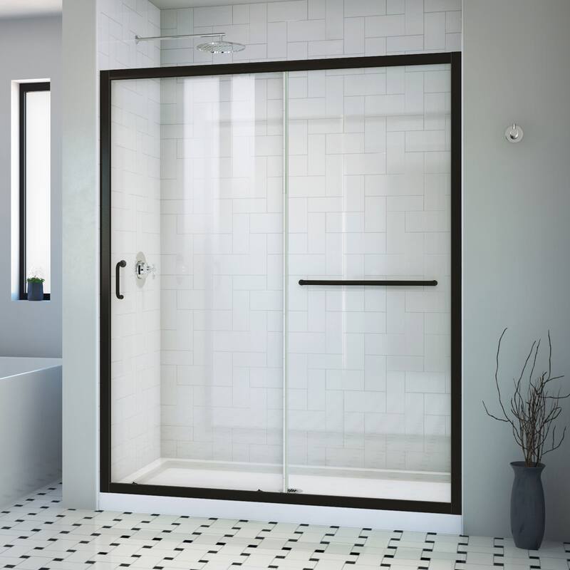 DreamLine Infinity-Z 36 in. D x 60 in. W x 74 3/4 in. H Sliding Shower Door and Shower Base Kit - 36" x 60" - 36" x 60" - Satin Black, White Base, Center Drain