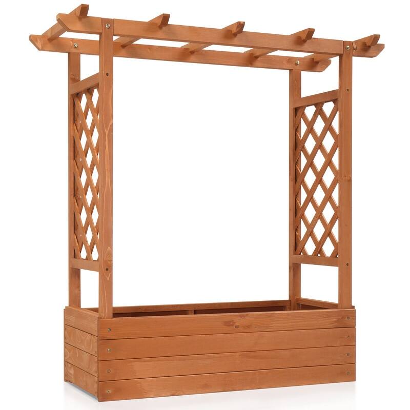Teak Color Wood Outdoor Planter Box with Trellis - Teak