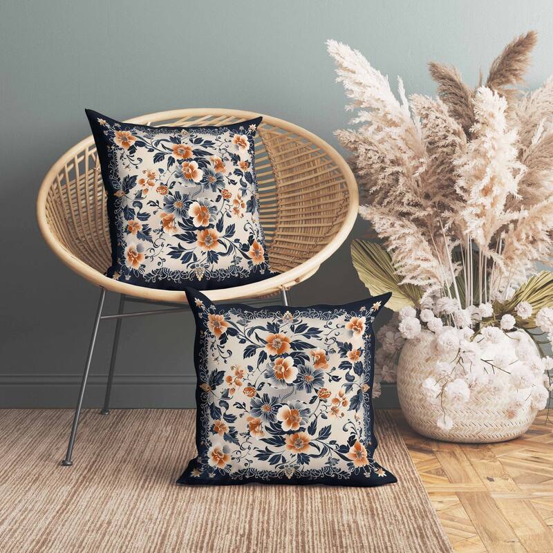 Flower Hub Indoor/Outdoor Reversible Throw Pillow Orange and Indigo