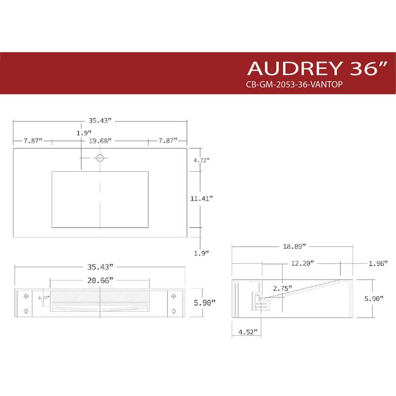 Audrey 36" - 72" Solid Surface Bathroom Vanity Top