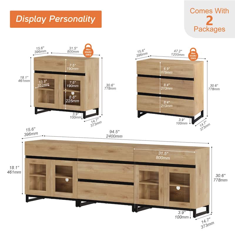 WAMPAT 3 in 1 Multifunctional Sideboard Buffet Cabinets with Glass Doors and 5 Drawers for Living Room, Kitchen