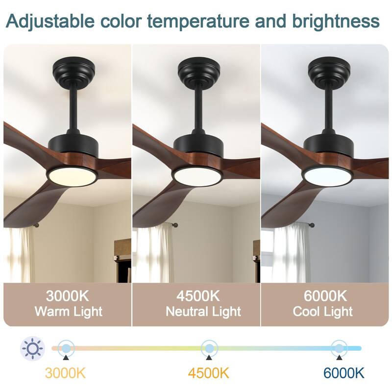 52 Inch Ceiling Fan with Light, 3 Solid Wood Blades,Remote Control,6-speed Reversible DC Motor - Black,Walnut