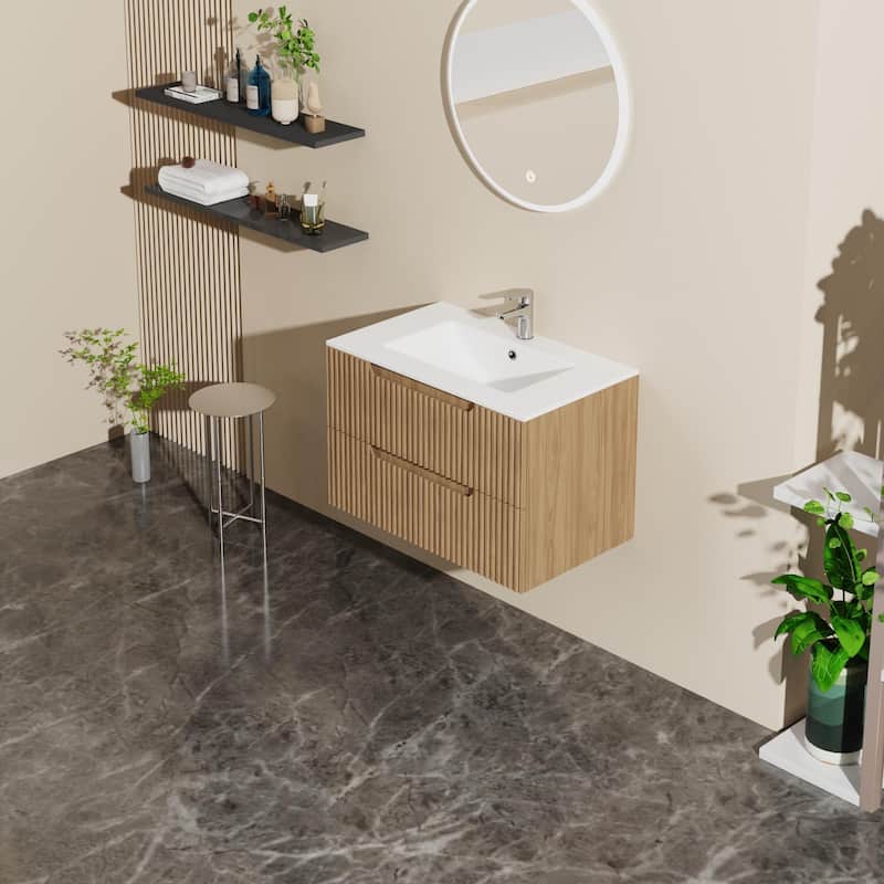 30" Floating Bathroom Vanity Set - Wall-Mounted Walnut Cabinet with Integrated Porcelain Sink‌