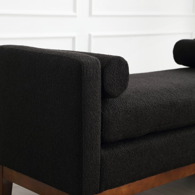 Boucle Fabric End of Bed Bench, Upholstered Bedroom Entryway Bench, Ottoman Bench with Wood Legs & 2 Round Pillows
