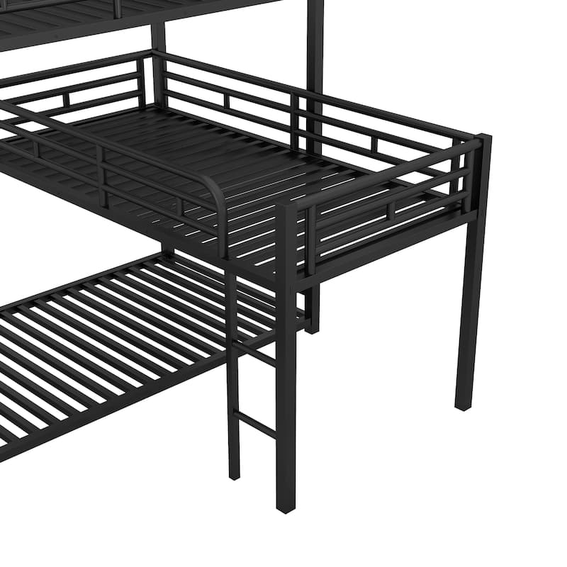 Roomfitters L-Shaped Metal Triple Twin Bunk Bed with Desk and Shelf, Black