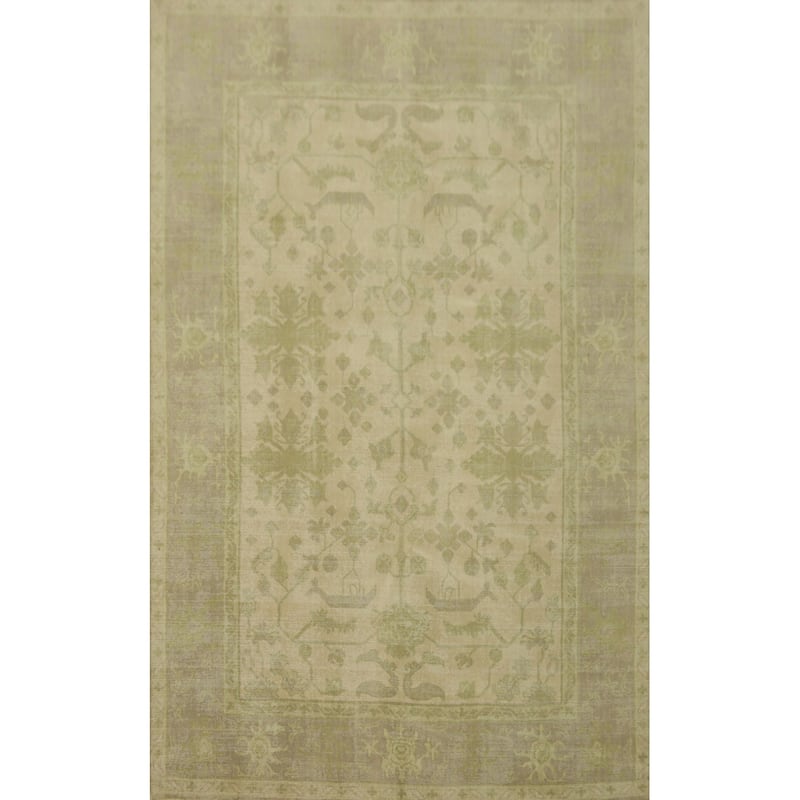 Hand-knotted Transitional Silk Carpet Beige Oushak Rug Floral Oriental Area Rug - 8' 0'' X 5' 0''