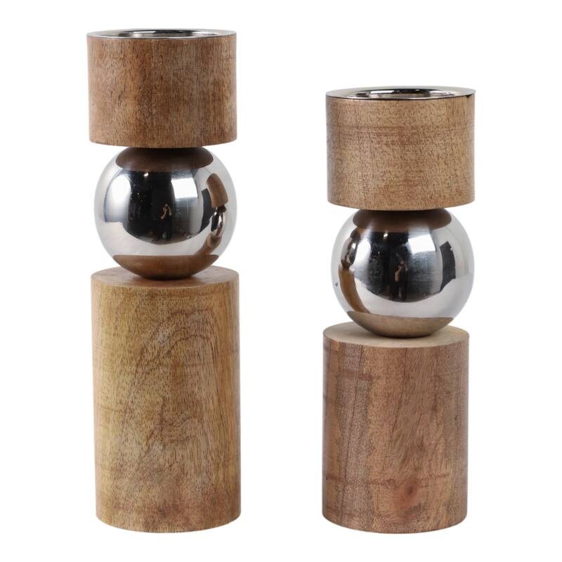 Candle Holders Set of 2 - Tan Wood Iron Sphere, 11/13" - 13.0"