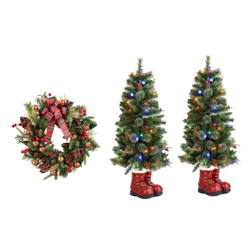 Glitzhome 4.5ft LED Lighted Christmas Tree with Santa Boots Base, Berry Bow Wreath, Garland Set for Front Door Entryway - 3PK-Trees&Wreath