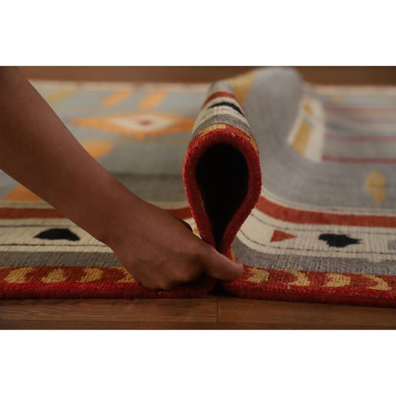 Hand Knotted Oriental 100% Wool Carpet Modern Geometric Greys & Charcoal Gabbeh Area Rug - 9' 11'' X 8' 1''