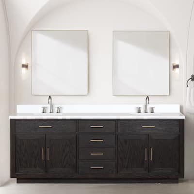 Abbey 60 in W x 22 in D Black Oak Double Bath Vanity, Cultured Marble Top, Faucet Set, and 28 in Mirrors