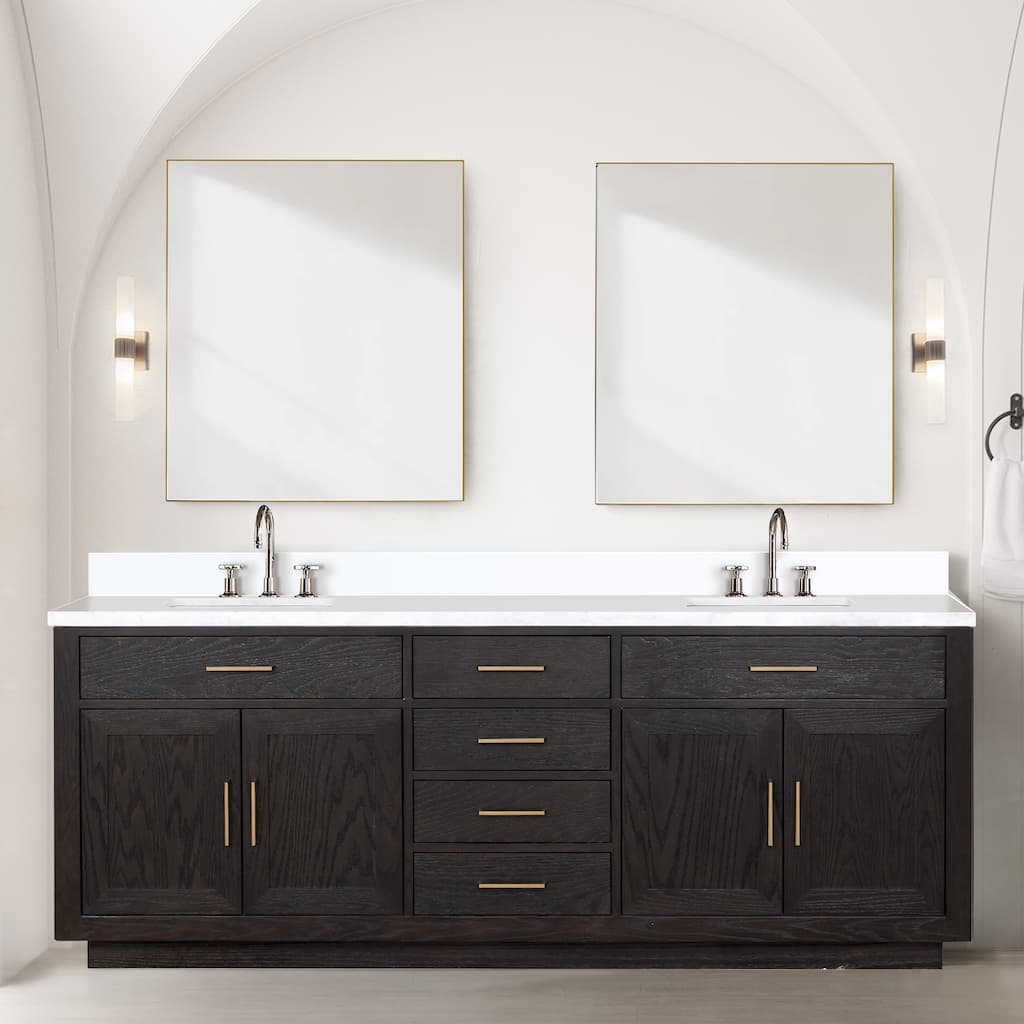 Abbey 60 in W x 22 in D Black Oak Double Bath Vanity, Cultured Marble Top, Faucet Set, and 28 in Mirrors