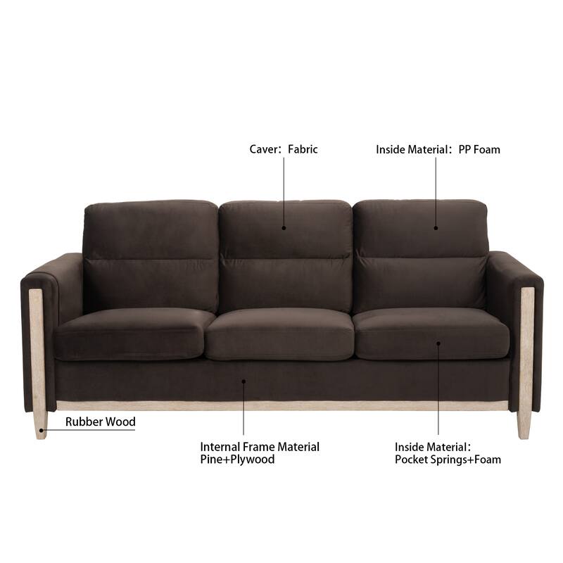 79.5" Velvet Solid Wood 3-Seater Sofa with Pocket Spring Seat, PP Foam Backrest, and Side Storage Pocket