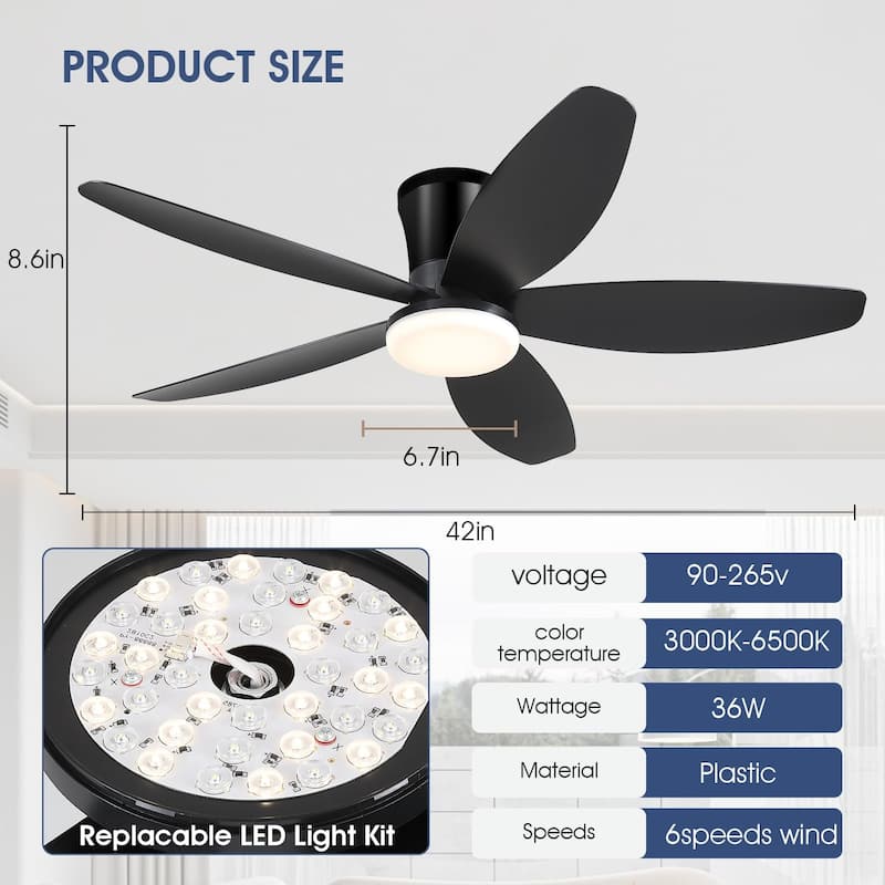 36/42/48 Inches Flush Mount Ceiling Fan for Small Room,Living Room,Bedroom,Patio