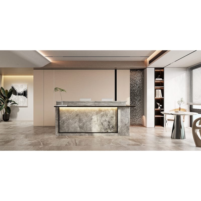Marble Reception Desk LED Lighting L-Shaped Front Counter Storage Shelves Office, Salon, Hotel