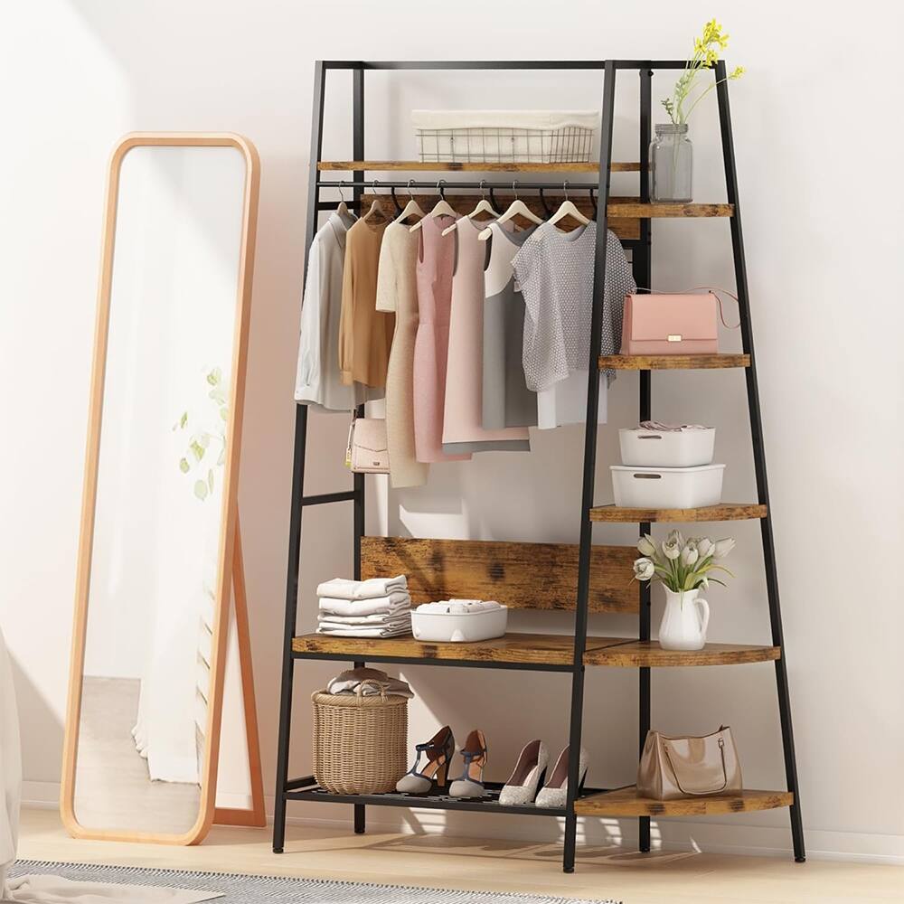 Mieres Rustic Brown Wooden Hall Tree with 5 Tier Open Storage Reversible Shelf for Entryway and Bedroom