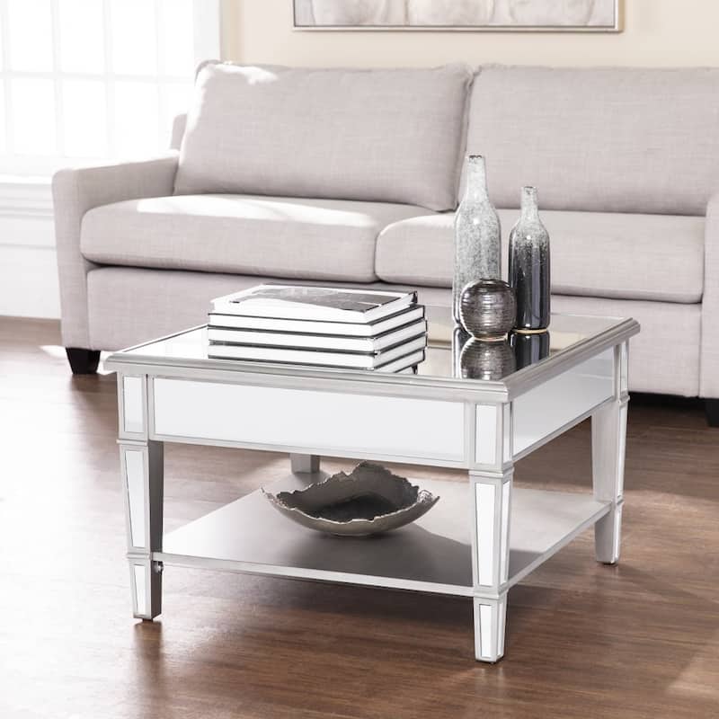 29" Silver Mirrored Square Coffee Table with Shelf for Living Room and Office - 28.5” x 28.5” x 18.5”
