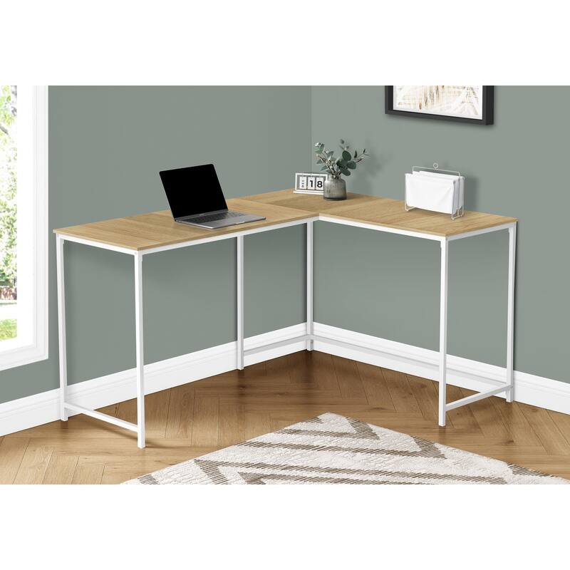 Computer Desk, Home Office, Corner, 58"l, L Shape, Work, Laptop, Natural Laminate, White Metal, Contemporary
