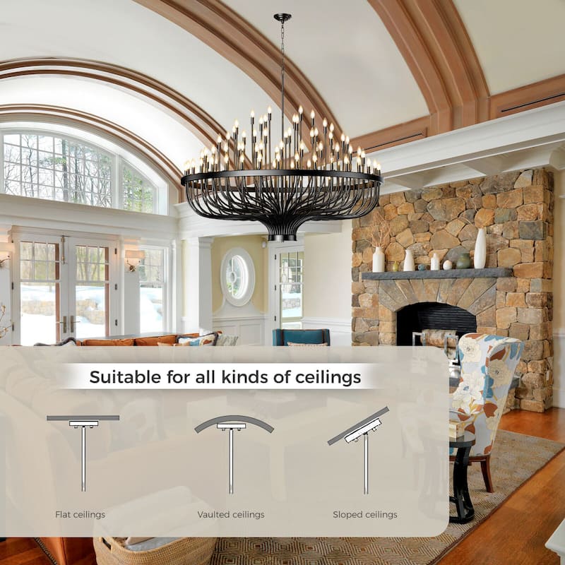 Rustic Industrial Farmhouse Chandelier - 48/96-Light Adjustable Black Candle Pendant Light for High Ceilings, Dining Room