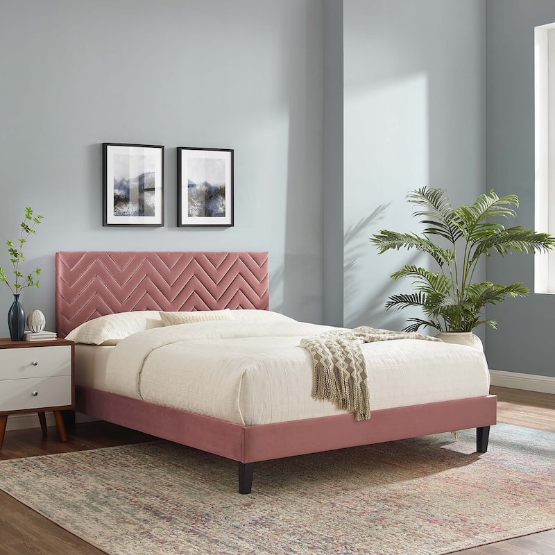 Leah Chevron Tufted Performance Velvet King Platform Bed - Pink