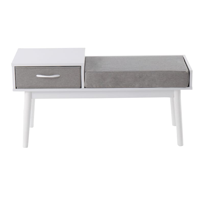 Carson Carrington Phoebe Upholstered Bench with Pull-Out Drawer - White Wood & Grey Fabric