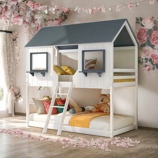 Twin Over Twin Bunk Bed Wood Bed With Roof,Window,Guardrail And Ladder,Solid Construction for Kids