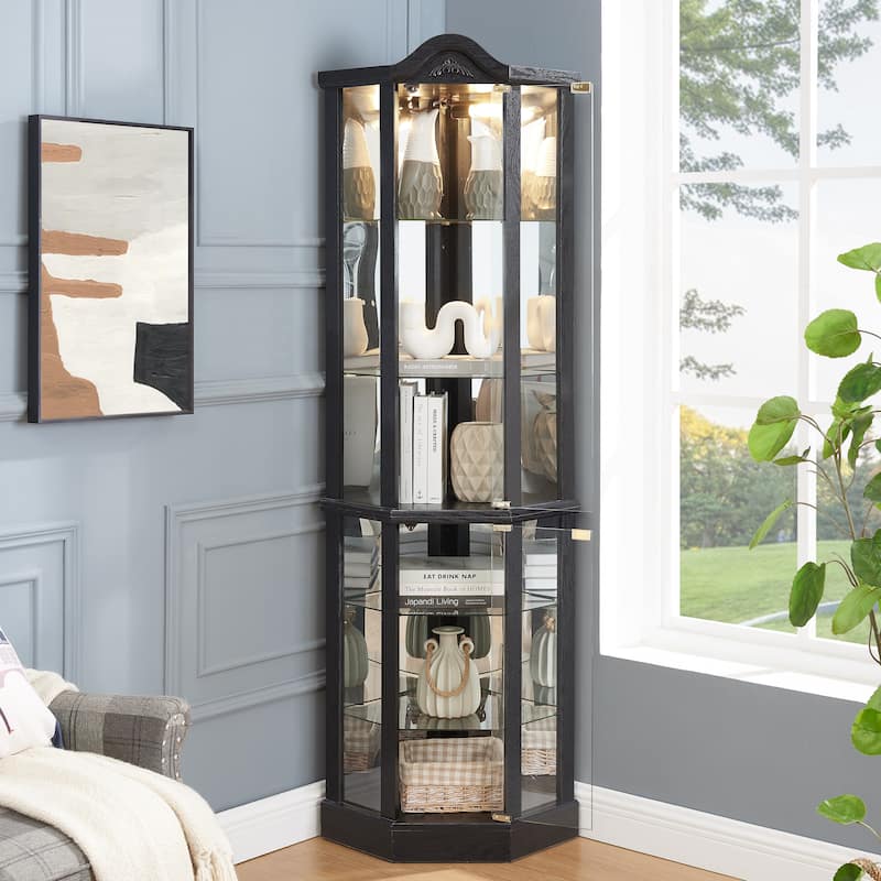 Lighted Corner Curio Cabinet, Glass Display Cabinet with Adjustable Shelves, Accent Cabinet with Curved Top Carving