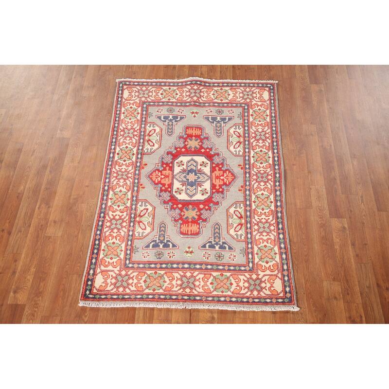 Geometric Kazak Rug Hand-Knotted Grey Wool Carpet - 3'3"x 4'10"