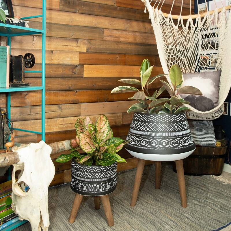 18" & 10" Tribal Fiberglass Plant Pot On Wood Stand,Set Of 2