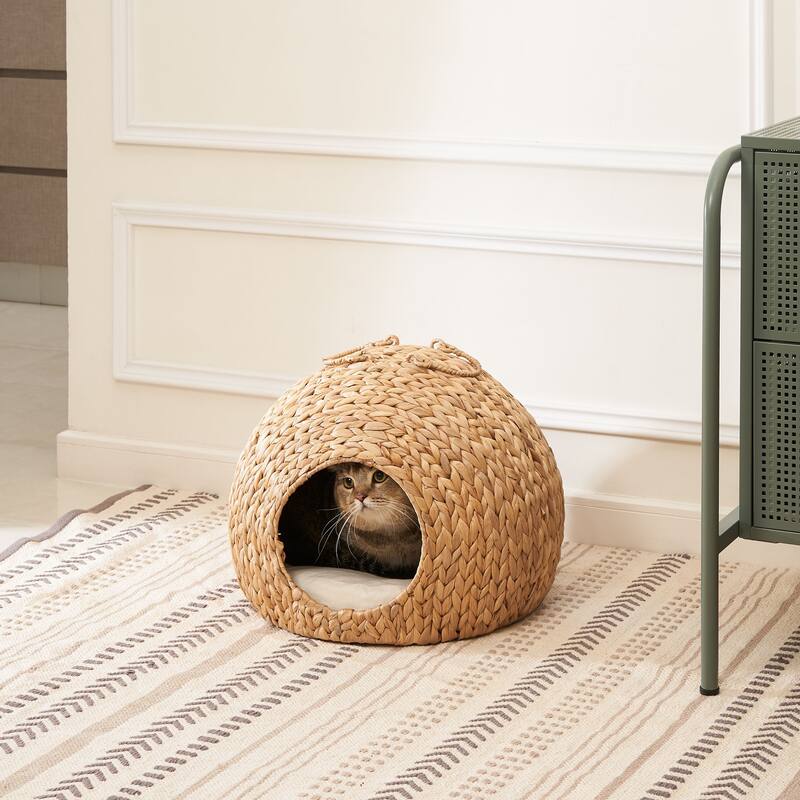 Gertrude Water Hyacinth Woven Wicker Round Cat Bed Cave - 18" x 18" x 18" - Natural Brown