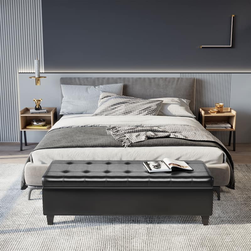 Black Leather Storage Bench End of Bed Bench for Bedroom, Rustic Dining Bench Vanity Bench Indoor Bench