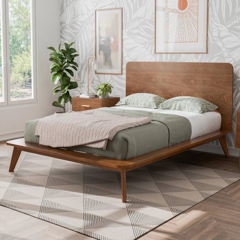 Wooden Bed with Tapered Angled Legs in Walnut