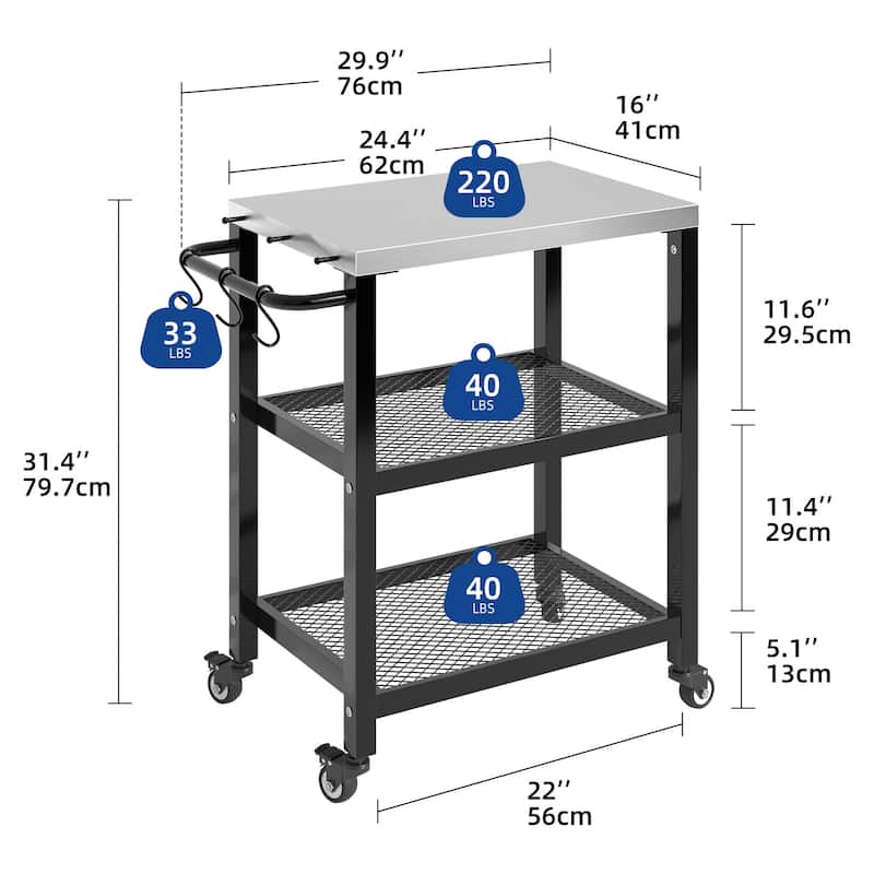 Moasis Outdoor Grill Cart Table Patio 3-Shelf Food Prep Table with Stainless Steel Flattop and Wheels