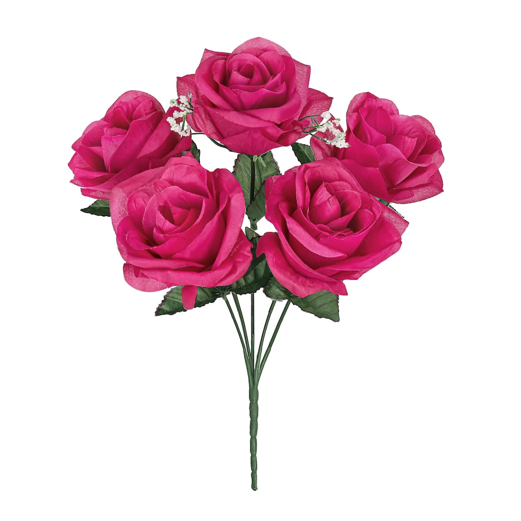 Set of 12 Hot Pink Artificial Open Rose Flower Stem Bush Bouquet 14in - 14" L x 7" W x 7" DP