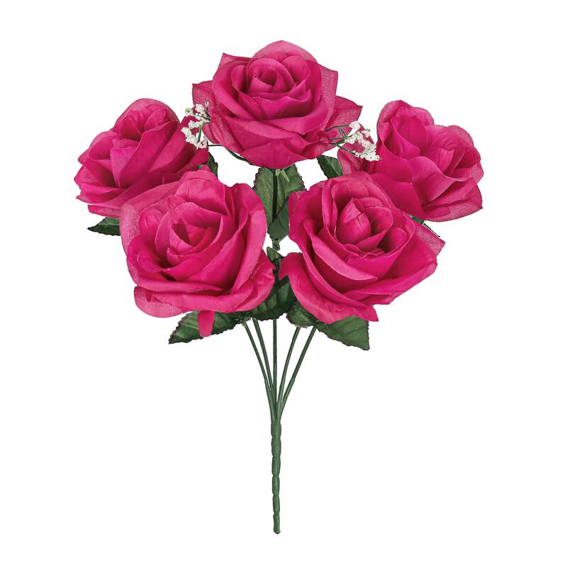 Set of 12 Hot Pink Artificial Open Rose Flower Stem Bush Bouquet 14in - 14" L x 7" W x 7" DP
