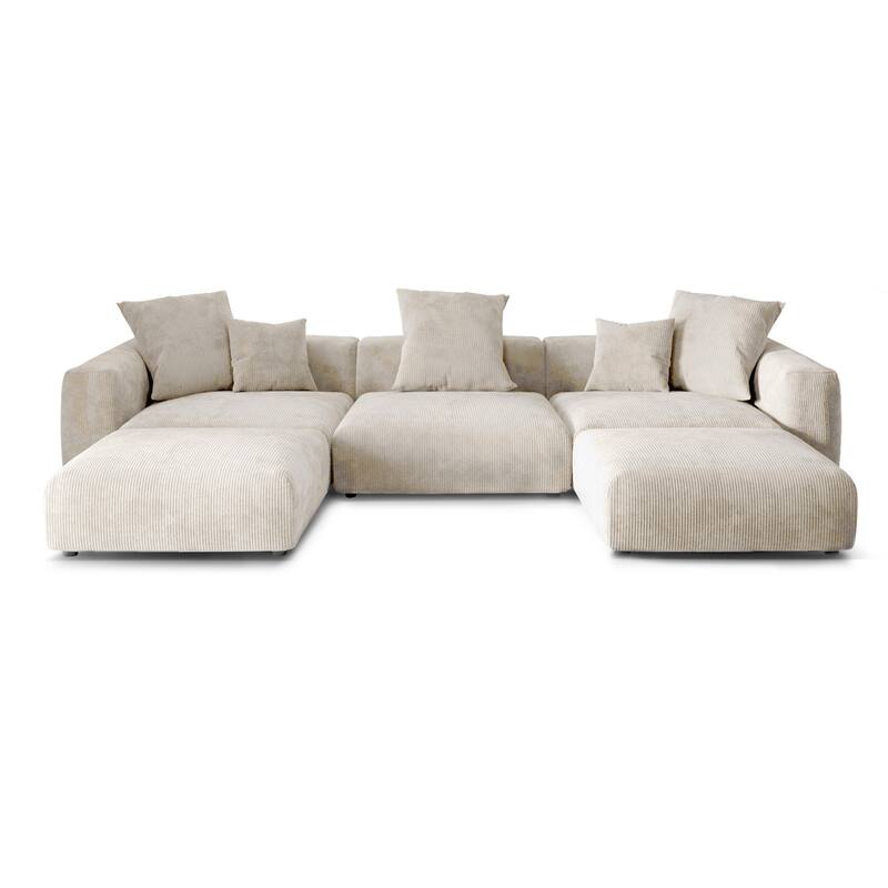 141.73" U-shape Corduroy Modular Sofa, Large Size Comfy Sectional Couch Sofa with 5 Pillows