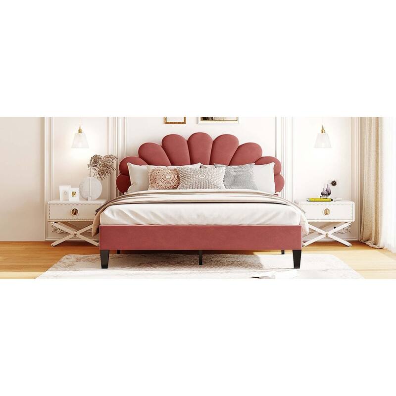 Upholstered Platform Bed with Flower Pattern Velvet Headboard